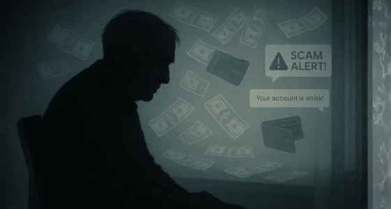 The aftermath of an IRS tax scam. A dark silhouette of a person sitting sadly, surrounded by floating dollar bills and notification bubbles with "SCAM ALERT!" and "Your account is at risk!", symbolizing financial and emotional loss.