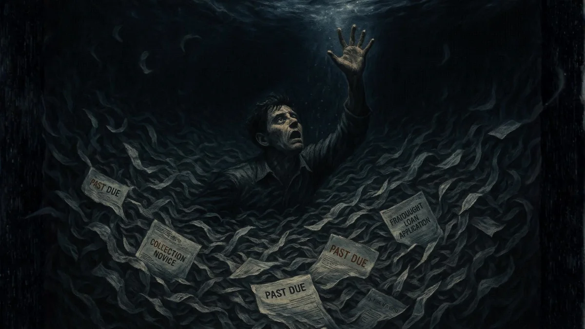 An identity theft victim drowning in a dark sea of fraudulent collection notices and past due bills, symbolizing the overwhelming debt caused by the crime.