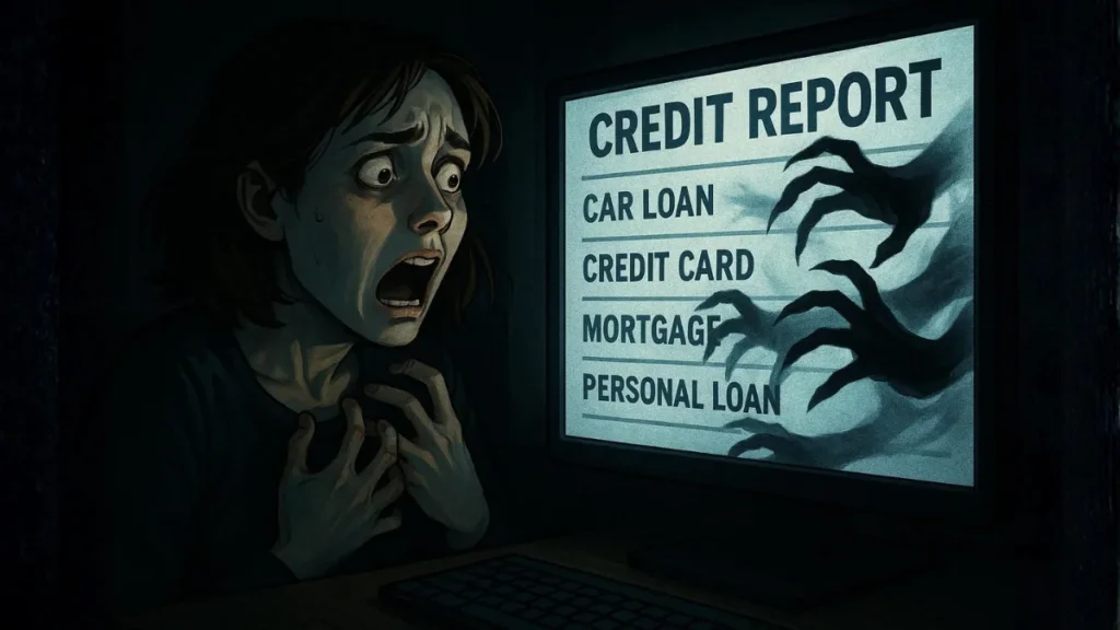 A woman screams in horror at her computer, which displays a fraudulent credit report from which monster claws emerge, showing the terror of discovering identity theft