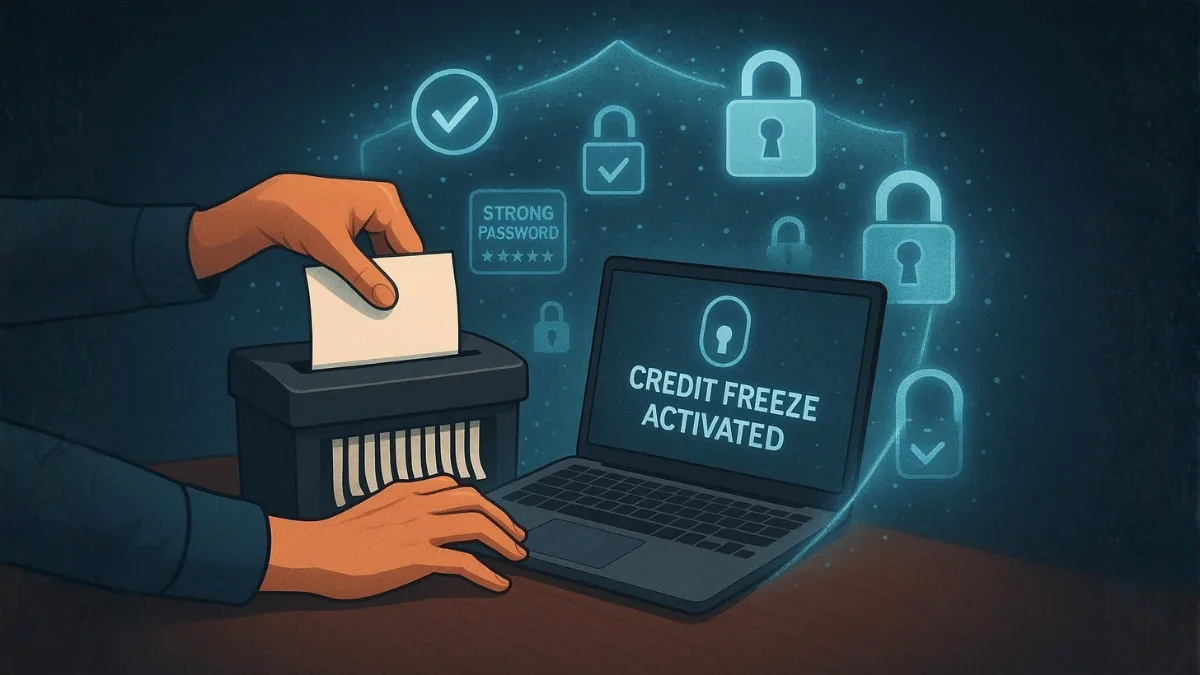 A person taking proactive steps to prevent identity theft by shredding documents and activating a credit freeze on their laptop, all within a digital security shield.