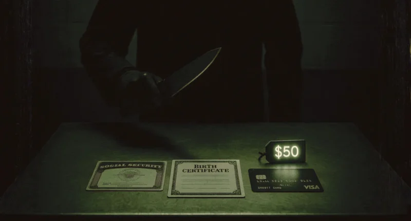 A dark figure holds a knife over a Social Security card and birth certificate, symbolizing the crime of identity theft where personal data is sold for as little as $50