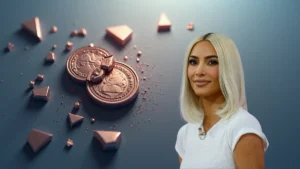 Kim Kardashian next to shattered EthereumMax coins, representing her SEC fine for unlawfully promoting a crypto security that led to investor losses.