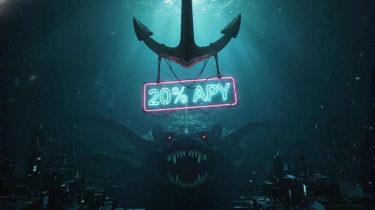 The "20% APY" promise of Anchor Protocol depicted as a neon lure, attracting investors towards a terrifying sea monster, symbolizing the hidden risk of the Luna collapse.