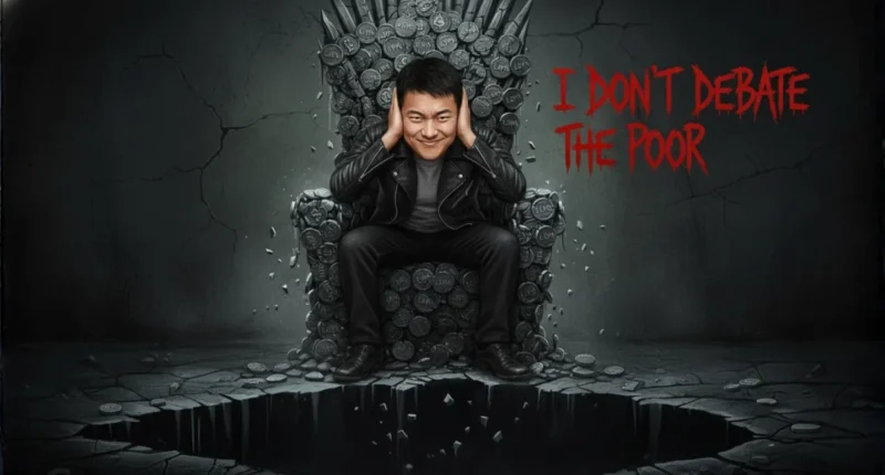 A financial horror image of Do Kwon on a throne of coins, mocking victims with his quote "I DON'T DEBATE THE POOR" before the Luna collapse.