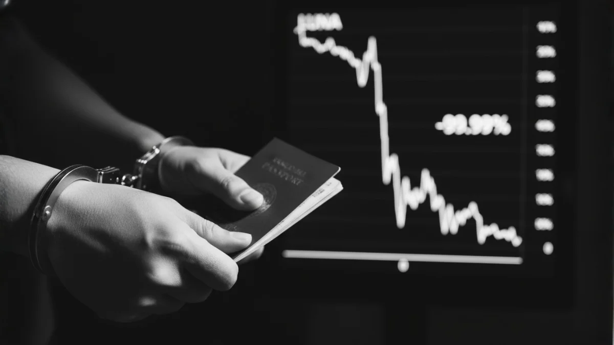 A person (Do Kwon) in handcuffs holding a fake passport, with a financial chart in the background showing the -99.99% crash from the Luna collapse.