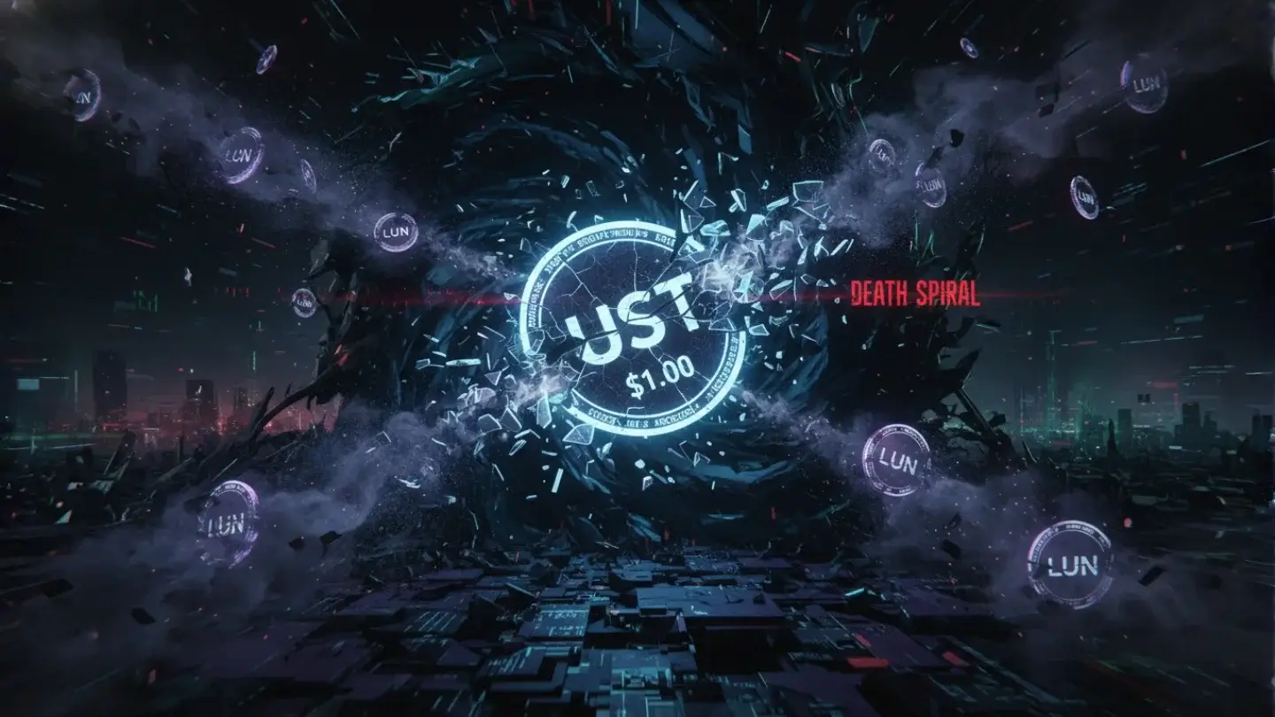 A digital illustration of the "death spiral" from the Luna collapse, showing the "$UST 1.00" stablecoin shattering as worthless LUNA tokens fly out.