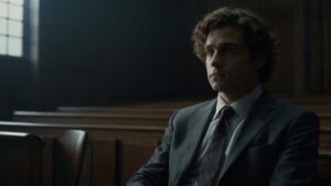 A cinematic portrait of a young tech CEO resembling Sam Bankman-Fried, sitting solemnly in a dark courtroom, representing the consequences of crypto fraud.