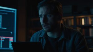 A victim of a crypto exchange scam shows a look of financial horror after discovering his investment has been stolen online.