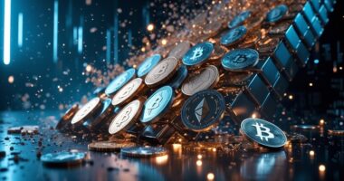A dynamic image of a tower of Bitcoin and Ethereum coins collapsing and shattering, symbolizing the financial devastation and instability caused by large-scale crypto scams.
