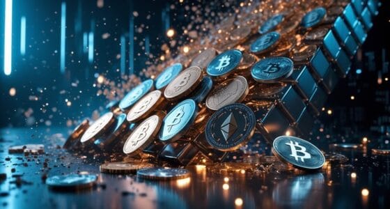 A dynamic image of a tower of Bitcoin and Ethereum coins collapsing and shattering, symbolizing the financial devastation and instability caused by large-scale crypto scams.