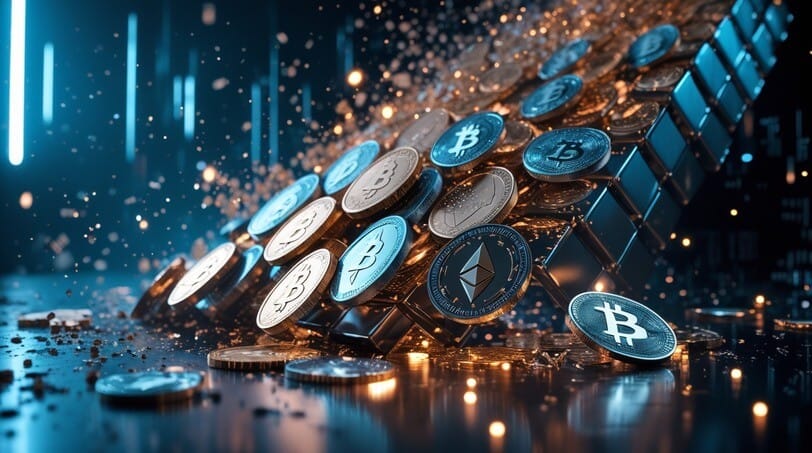 A dynamic image of a tower of Bitcoin and Ethereum coins collapsing and shattering, symbolizing the financial devastation and instability caused by large-scale crypto scams.