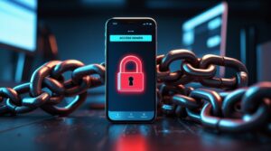 A smartphone displaying a crypto wallet with a glowing red padlock and "ACCESS DENIED" on screen, wrapped in heavy chains, symbolizing frozen assets from a crypto scam