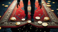 alt="A person in a business suit stands on a red and gold patterned rug, which is being pulled back to reveal a dark, glowing abyss beneath. Bitcoin coins are scattered on and around the rug, with some falling into the hole, representing a crypto rug pull scam or financial collapse."