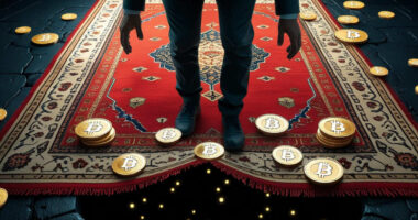 alt="A person in a business suit stands on a red and gold patterned rug, which is being pulled back to reveal a dark, glowing abyss beneath. Bitcoin coins are scattered on and around the rug, with some falling into the hole, representing a crypto rug pull scam or financial collapse."