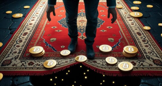 alt="A person in a business suit stands on a red and gold patterned rug, which is being pulled back to reveal a dark, glowing abyss beneath. Bitcoin coins are scattered on and around the rug, with some falling into the hole, representing a crypto rug pull scam or financial collapse."