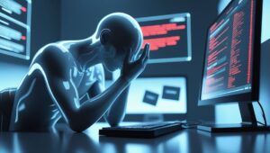 alt="A translucent, glowing blue humanoid figure sitting at a computer desk with head in hands, showing extreme stress and despair. Multiple computer screens in the background display error messages and red code, symbolizing a financial data breach or system collapse."