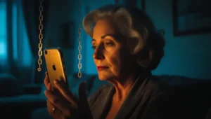 An elderly romance scam victim looks at her phone with a worried expression as golden chains hang beside it, symbolizing the financial trap of the fraud.