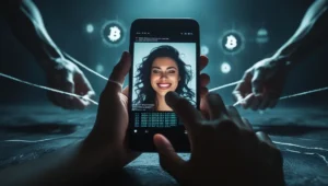 A victim holds a phone showing an attractive woman's profile, unaware that scammer hands in the background are manipulating them like a puppet in a crypto romance scam