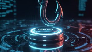 A sharp fishing hook hangs over a glowing "DEPOSIT" button, symbolizing the trap of a fake crypto exchange and phishing scams.