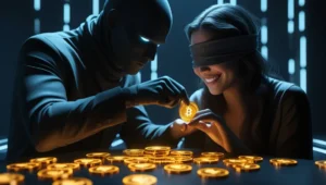 A blindfolded woman happily accepts a glowing Bitcoin from a shadowy, manipulative scammer with glowing eyes, representing the deceptive allure of crypto romance scams