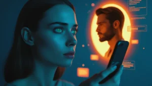 A woman interacts with a man's digital projection from her phone, illustrating the fake profiles and digital deception at the heart of a crypto romance scam.