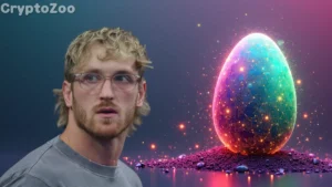 YouTuber Logan Paul looking at a glowing digital egg, representing his controversial and failed CryptoZoo NFT game that resulted in investor losses.