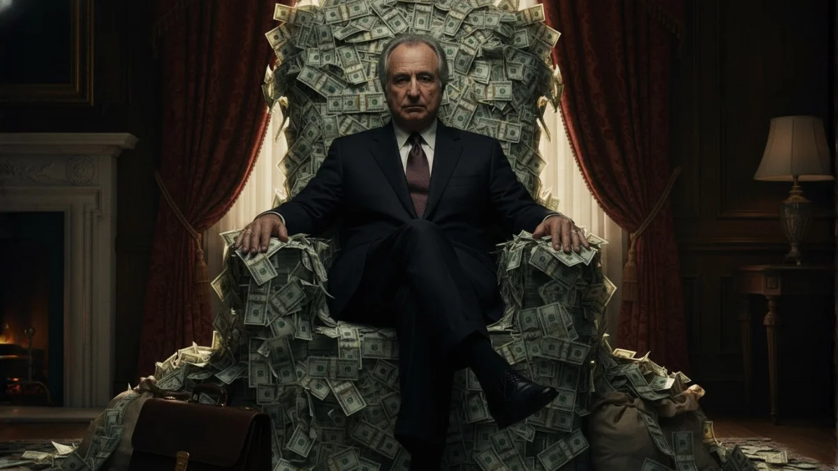 Bernie Madoff sitting arrogantly on a throne made of cash, symbolizing the billions stolen through the Bernie Madoff Ponzi scheme.