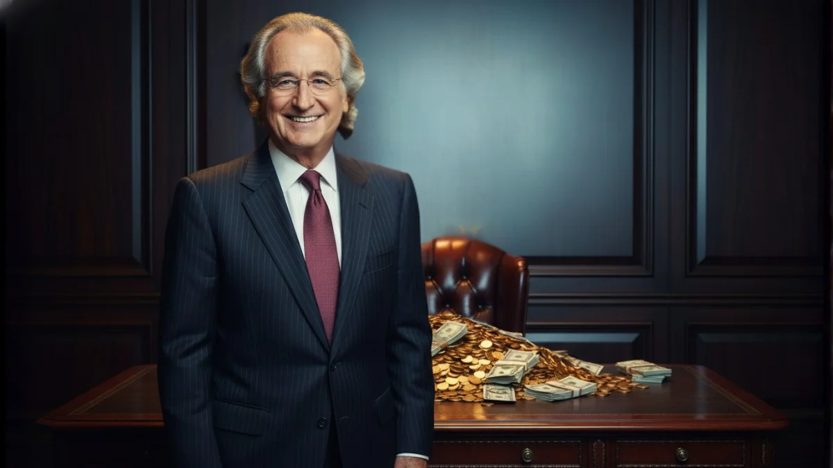 A smiling, trustworthy-looking Bernie Madoff in his office, with a pile of cash on the desk behind him symbolizing the profits from the Bernie Madoff Ponzi.