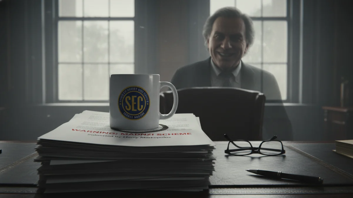 An SEC mug rests on a 'WARNING' report about the Bernie Madoff Ponzi, symbolizing the SEC's failure as Madoff smiles ominously in the background.