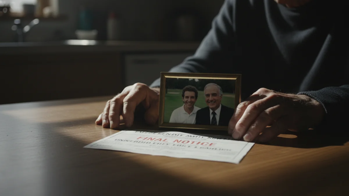 The hands of an elderly victim of the Bernie Madoff Ponzi, resting on a table next to a 'FINAL NOTICE' bill and a framed photo of him with Madoff.