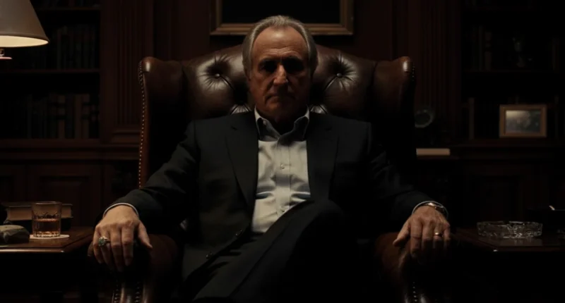 A cinematic, "Godfather" style portrait of Bernie Madoff, the cold mastermind of the Bernie Madoff Ponzi scheme, seated in a dark, shadowy armchair.