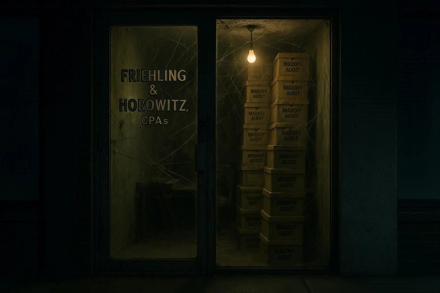The tiny, rundown office of Friehling & Horowitz, the complicit auditor who rubber-stamped the Bernie Madoff Ponzi, filled with 'MADOFF AUDIT' boxes.