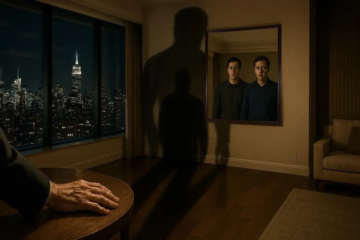 A cinematic scene of the Bernie Madoff Ponzi confession, where Madoff's giant shadow looms over his two sons, who are reflected in a mirror with looks of horror