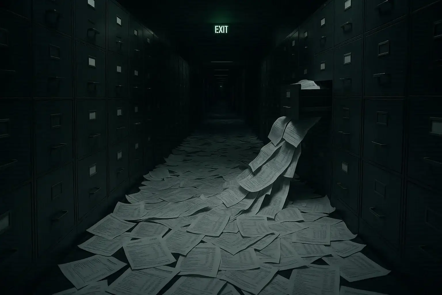 A dark, ominous hallway where fake documents from the Bernie Madoff Ponzi scheme spill endlessly from a filing cabinet, flooding the floor.