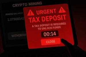 A victim of a mining pool scam faces an urgent 'tax deposit' demand on their screen, illustrating the common withdrawal fee tactic used to steal more money.