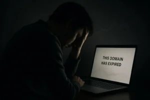 The devastating moment a victim realizes they've been in a mining pool scam, as their laptop screen shows a 'This domain has expired' error where the fraudulent site used to be.