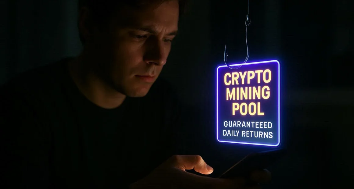 A crypto investor is baited by a glowing 'Crypto Mining Pool' advertisement shaped like a fishing hook, symbolizing the deceptive social media ads used in these scams.