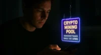 A crypto investor is baited by a glowing 'Crypto Mining Pool' advertisement shaped like a fishing hook, symbolizing the deceptive social media ads used in these scams.
