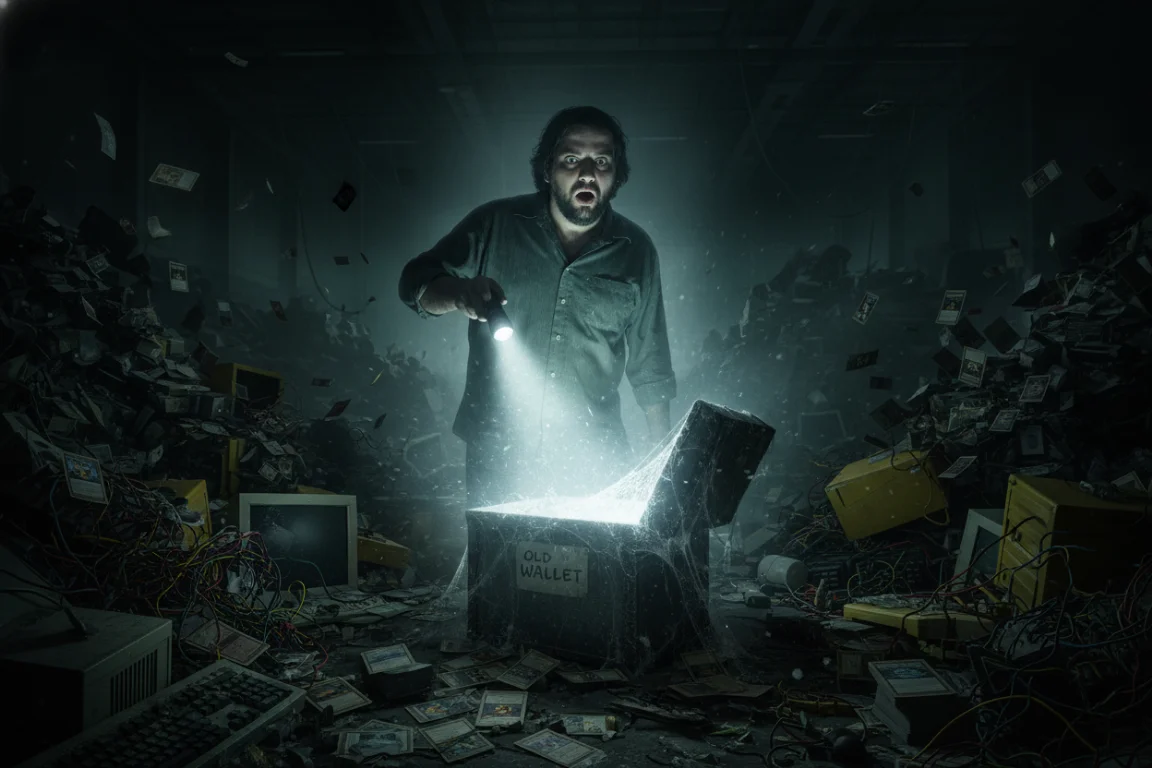 A financial horror image of Mark Karpeles, symbolizing the incompetence of the Mt. Gox hack by "finding" 200,000 lost Bitcoin in a cobweb-covered "OLD WALLET".