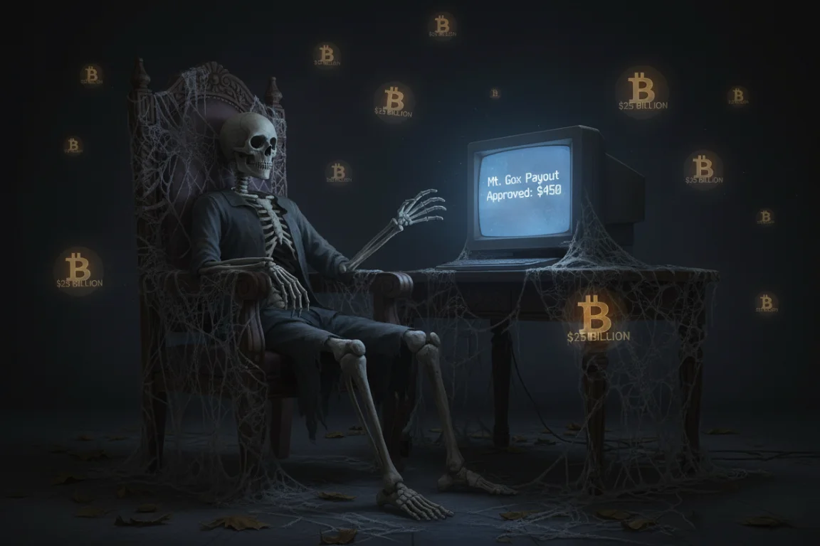 A skeleton victim of the Mt. Gox hack, who died waiting 10 years, finally receives a $450 payout while the $25 billion in lost Bitcoin floats out of reach.