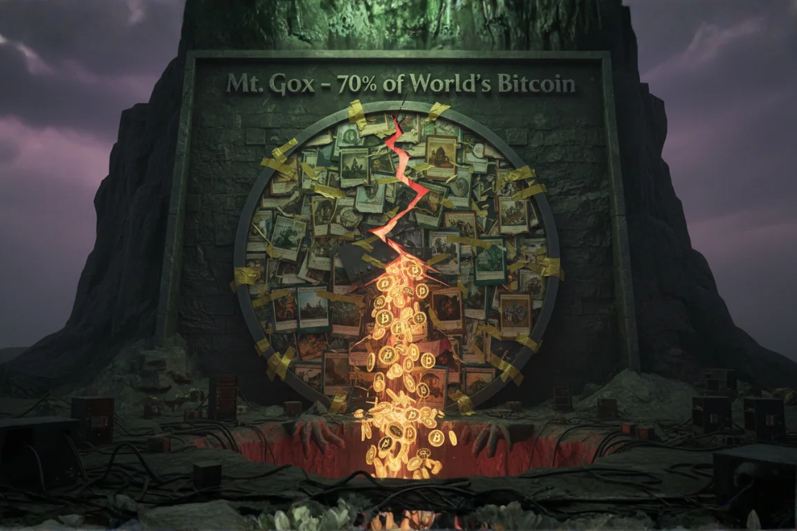 the Mt. Gox hack: the vault, built on a flimsy "Magic: The Gathering" card foundation, is shown cracking open and losing all its Bitcoin.