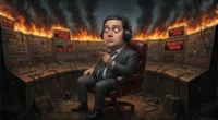 Mt. Gox CEO Mark Karpeles, holding a Magic card and looking oblivious while "850,000 BTC MISSING" flashes on burning control panels, symbolizing the incompetence behind the Mt. Gox hack.
