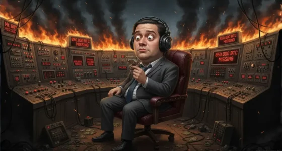 Mt. Gox CEO Mark Karpeles, holding a Magic card and looking oblivious while "850,000 BTC MISSING" flashes on burning control panels, symbolizing the incompetence behind the Mt. Gox hack.