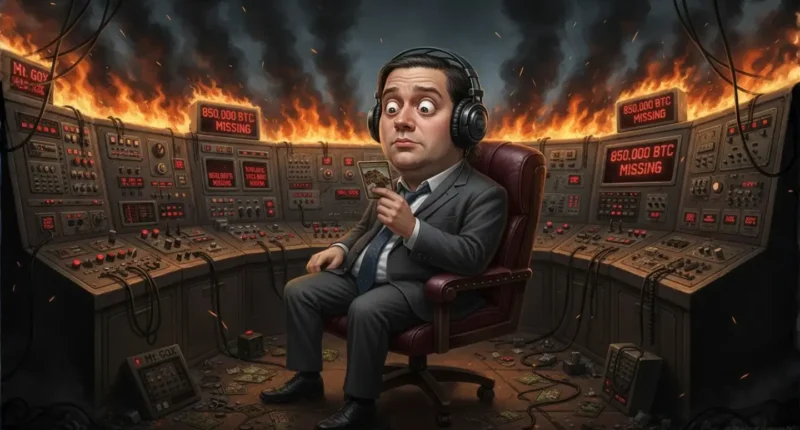 Mt. Gox CEO Mark Karpeles, holding a Magic card and looking oblivious while "850,000 BTC MISSING" flashes on burning control panels, symbolizing the incompetence behind the Mt. Gox hack.