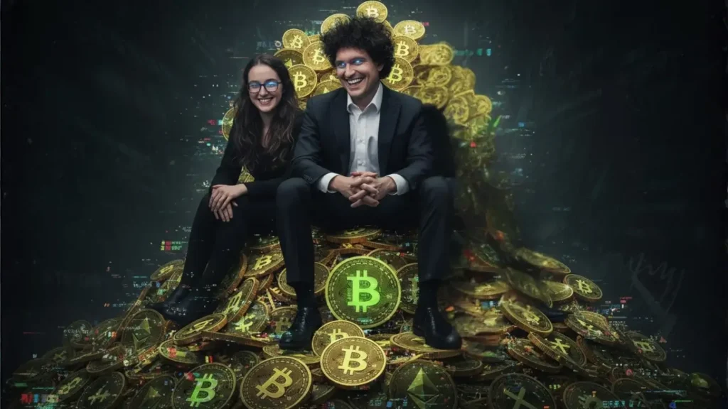 A sinister image of Sam Bankman-Fried and Caroline Ellison smiling on a throne of crypto, symbolizing the $8 billion fraud behind the FTX bankruptcy.