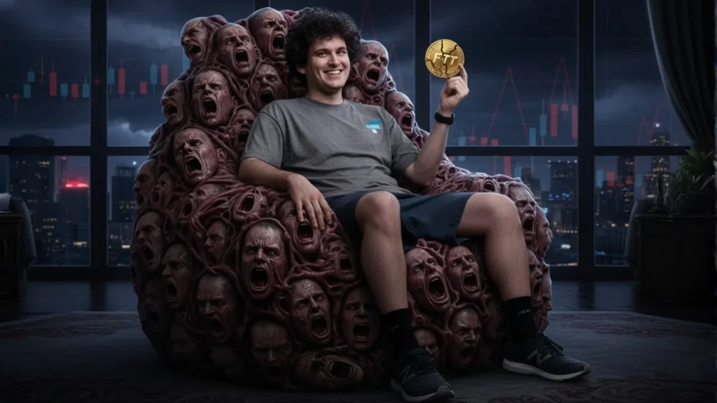 A financial horror image illustrating the FTX bankruptcy: Sam Bankman-Fried smiles on a grotesque throne made of his victims' screaming faces, holding a worthless FTT token.