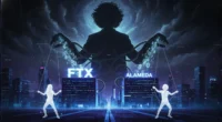 A digital illustration of Sam Bankman-Fried as a puppet master, showing his fraudulent control over both FTX and Alameda, the core crime in the FTX bankruptcy.