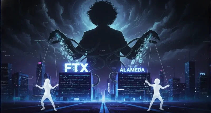 A digital illustration of Sam Bankman-Fried as a puppet master, showing his fraudulent control over both FTX and Alameda, the core crime in the FTX bankruptcy.