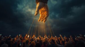 A giant hand as a puppet master, controlling a crowd of followers holding smartphones, symbolizing celebrity influence and manipulation in NFT scams."