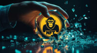 A hand holding a crystal NFT with a Bored Ape logo that is shattering into worthless fragments, representing the NFT market crash and investment losses from scams